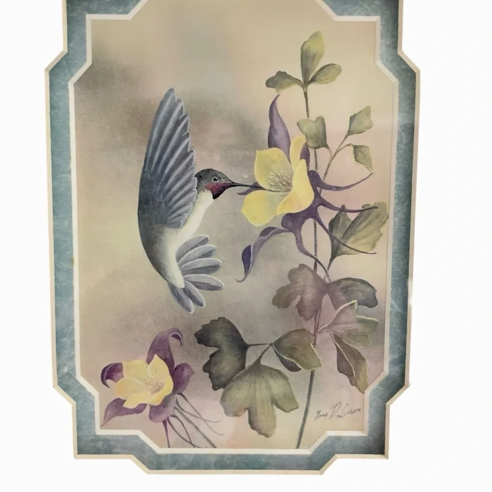 VTG Framed Hummingbird Botanical Prints Set of 2 Wood Frames Cottage Decor